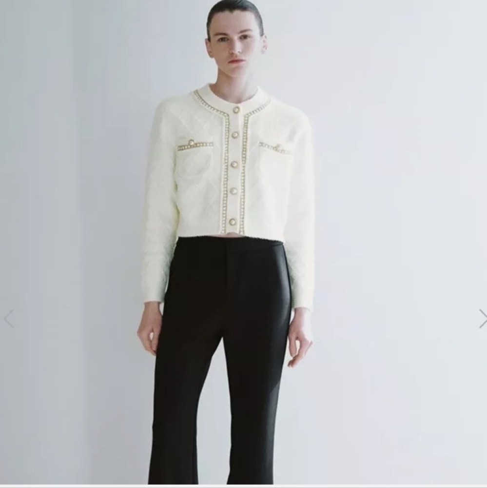 NWT Urban Revivo Cropped Textured Knit Cardigan Cream Pearl Buttons Size XL